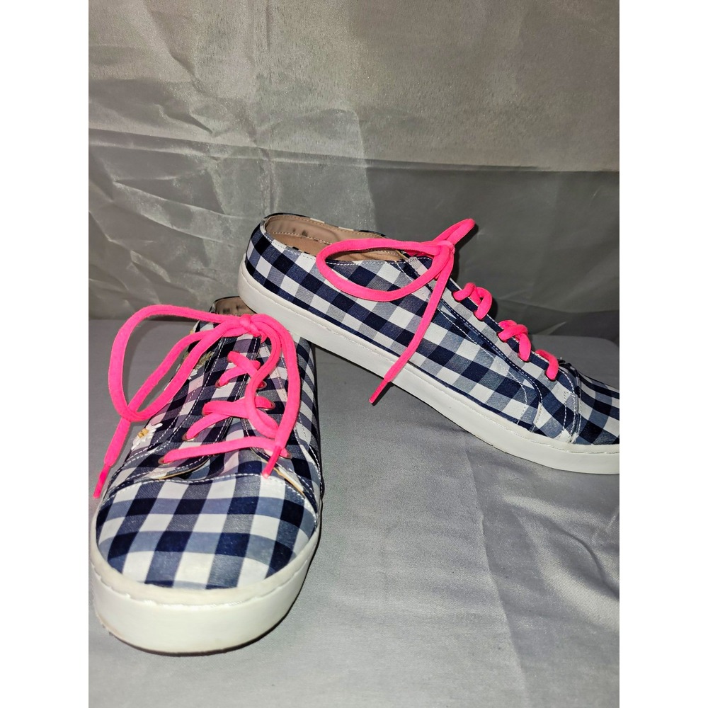 Betsey Johnson Navy/White Gingham Canvas Low Top Lace-Up Sneakers Pink Laces